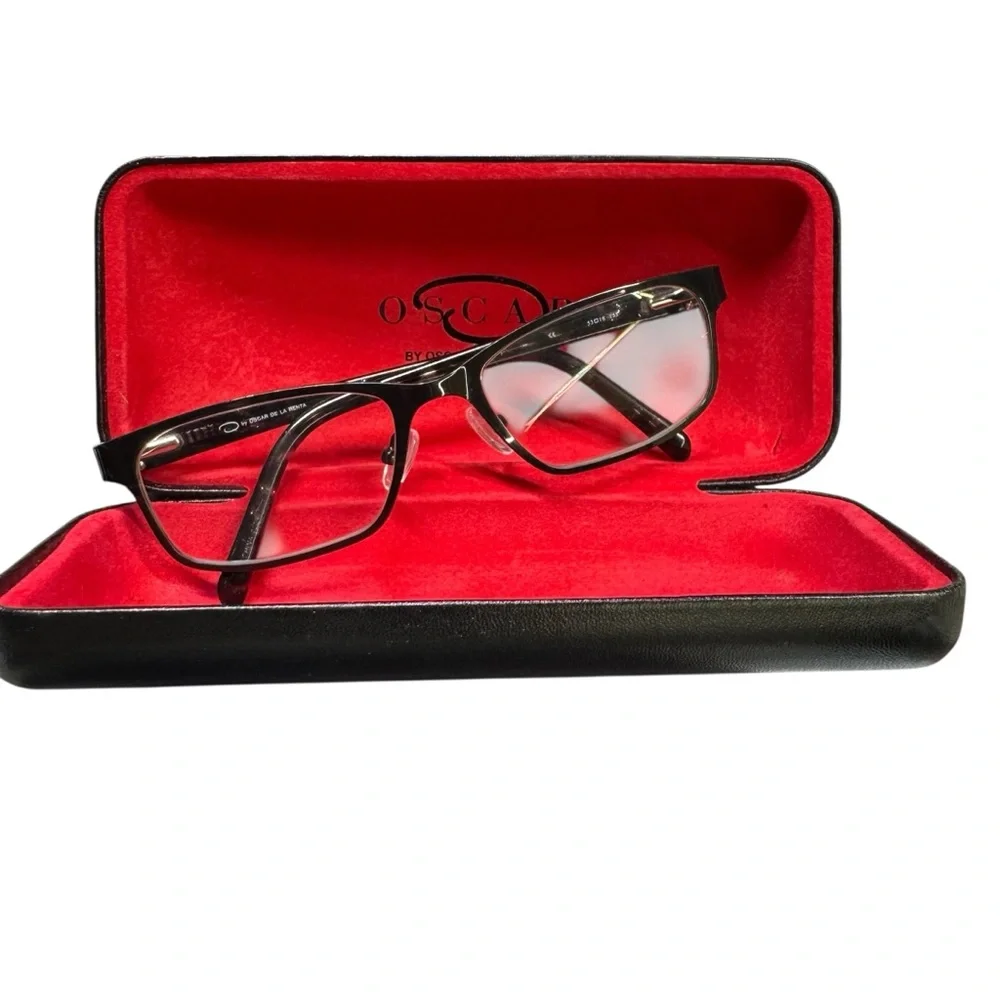 Oscar de la Renta Black Glasses Crystal accent Red Velvet Case Office Chic Goth